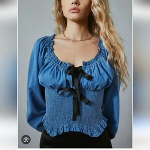 Urban Outfitters Blue Smocked Blouse with Black Ribbon